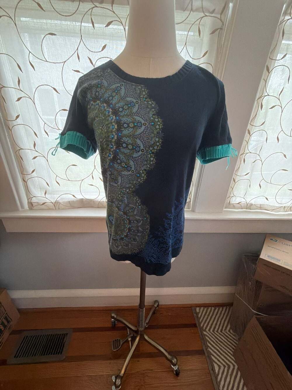 Desigual Short Sleeve Embellished Black Blue Green Knit Top Size L